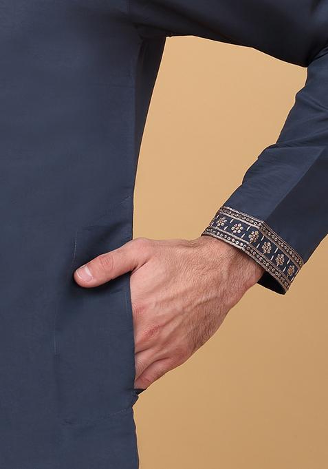 Navy Blue Yoke Design Cotton Silk Kurta Set For Men