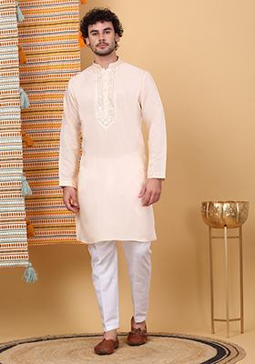 Peach Yoke Design Cotton Silk Kurta Set For Men