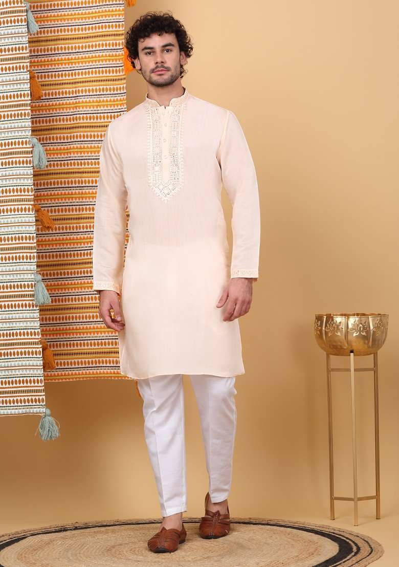 Peach Yoke Design Cotton Silk Kurta Set For Men - Indya