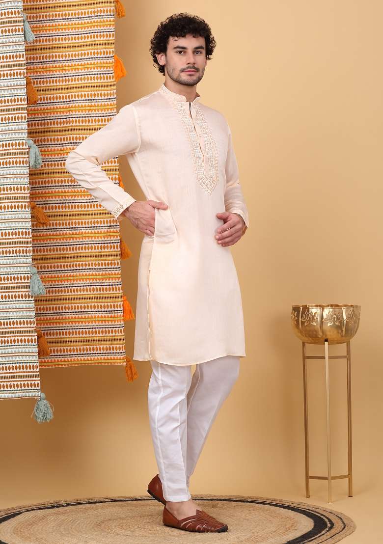 Peach Yoke Design Cotton Silk Kurta Set For Men - Indya