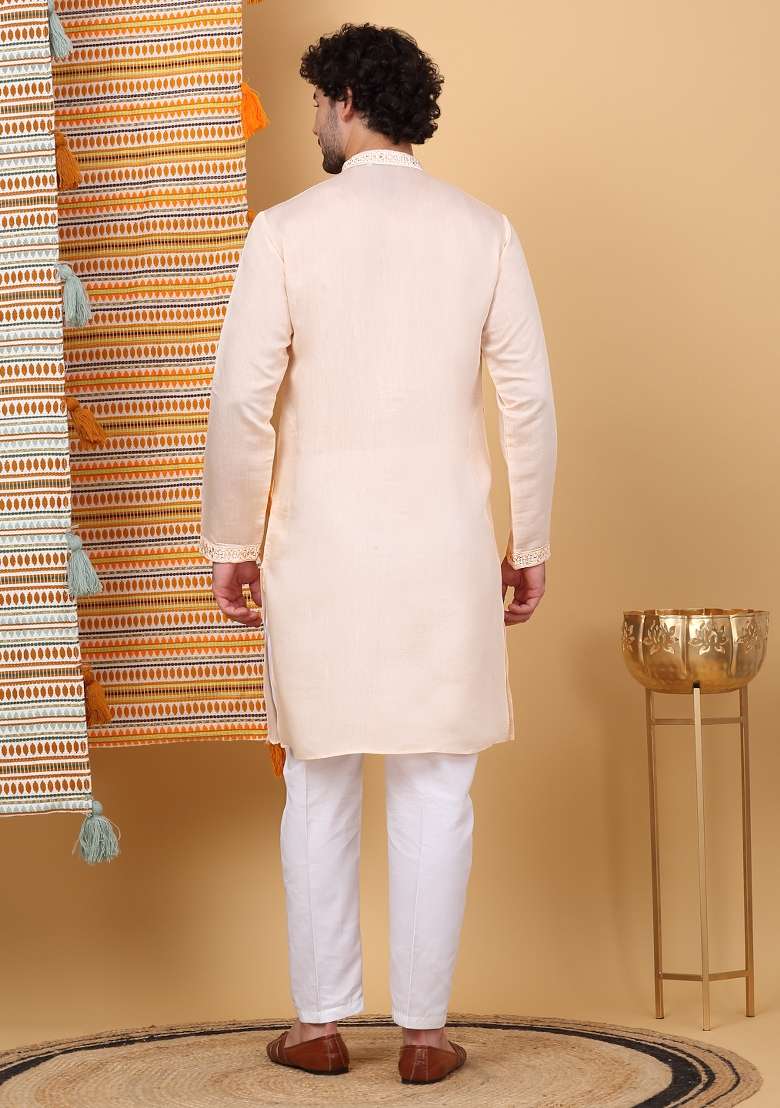 Peach Yoke Design Cotton Silk Kurta Set For Men - Indya