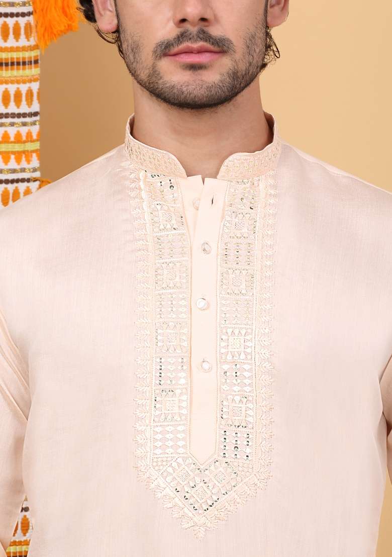 Peach Yoke Design Cotton Silk Kurta Set For Men - Indya