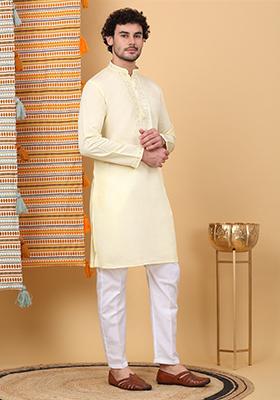 Yellow Yoke Design Cotton Silk Kurta Set For Men