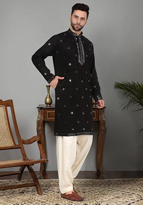 Black Yoke Design Cotton Silk Kurta Set For Men