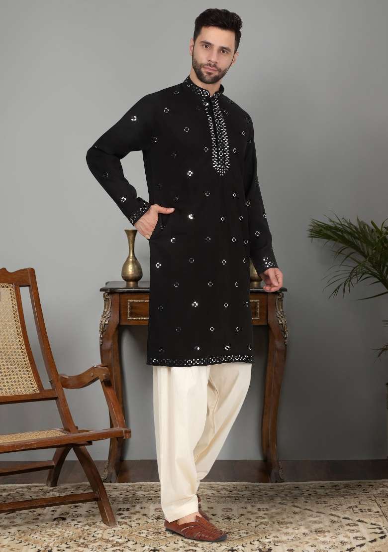 Black Yoke Design Cotton Silk Blend Kurta Set For Men - Indya