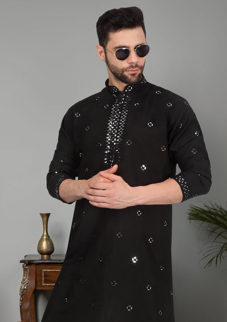Black Yoke Design Cotton Silk Kurta Set For Men - Indya
