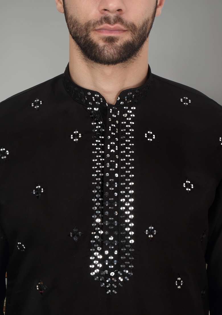 Black Yoke Design Cotton Silk Blend Kurta Set For Men - Indya