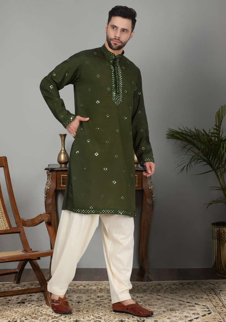 Olive Green Yoke Design Cotton Silk Blend Kurta Set For Men - Indya