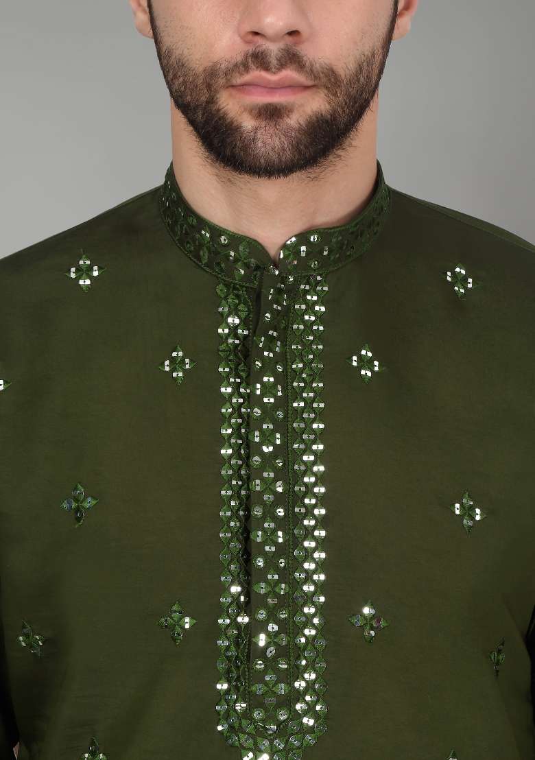 Olive Green Yoke Design Cotton Silk Blend Kurta Set For Men - Indya