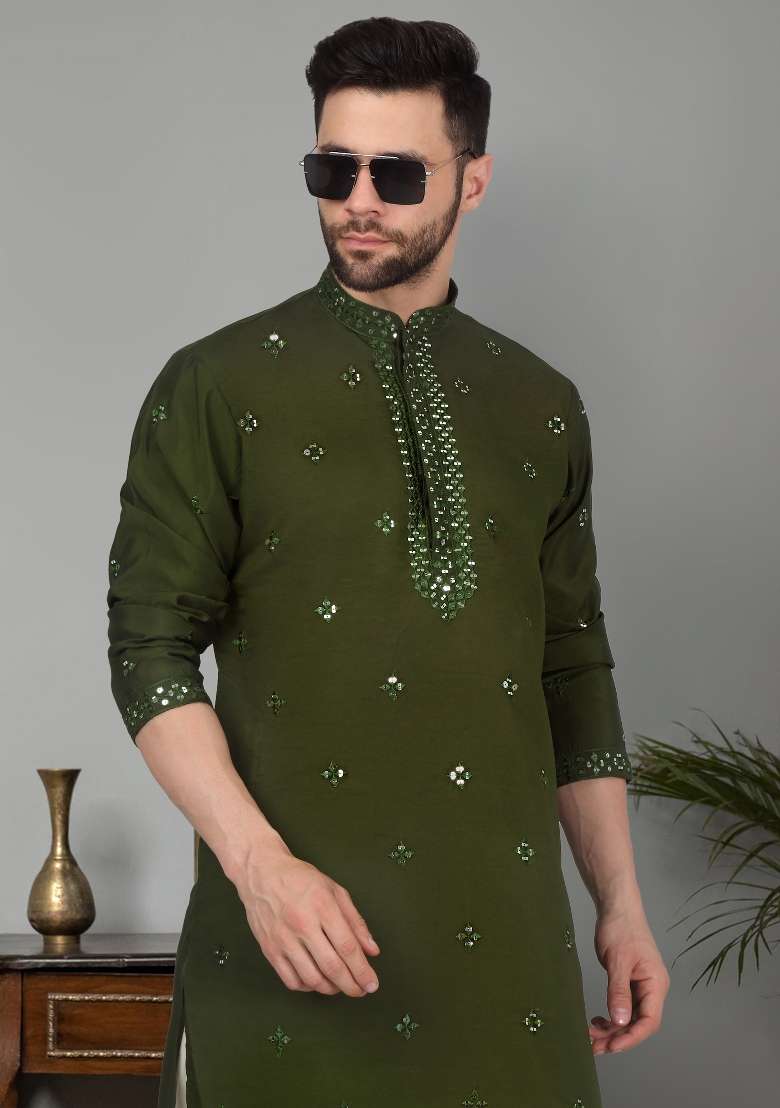 Olive Green Yoke Design Cotton Silk Blend Kurta Set For Men - Indya