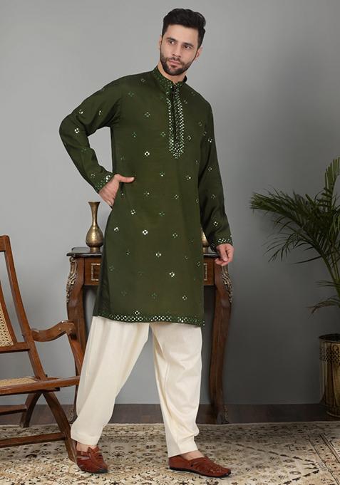 Olive Green Yoke Design Cotton Silk Kurta Set For Men