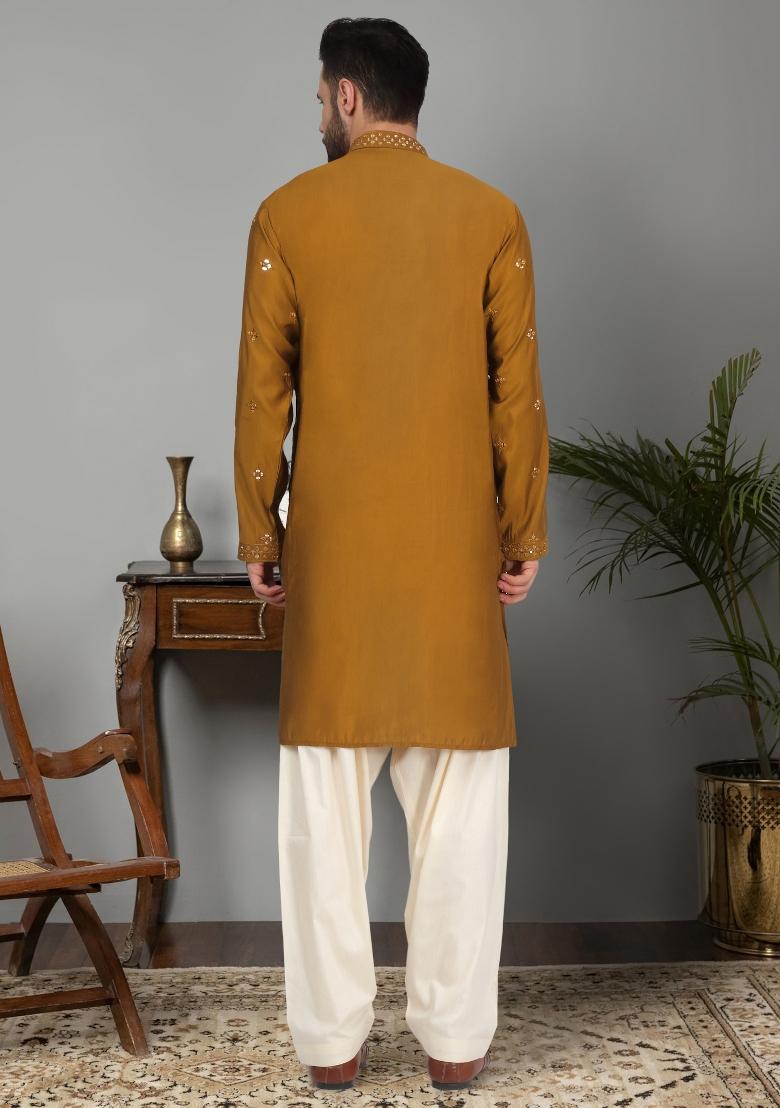 Mustard Yellow Yoke Design Cotton Silk Kurta Set For Men