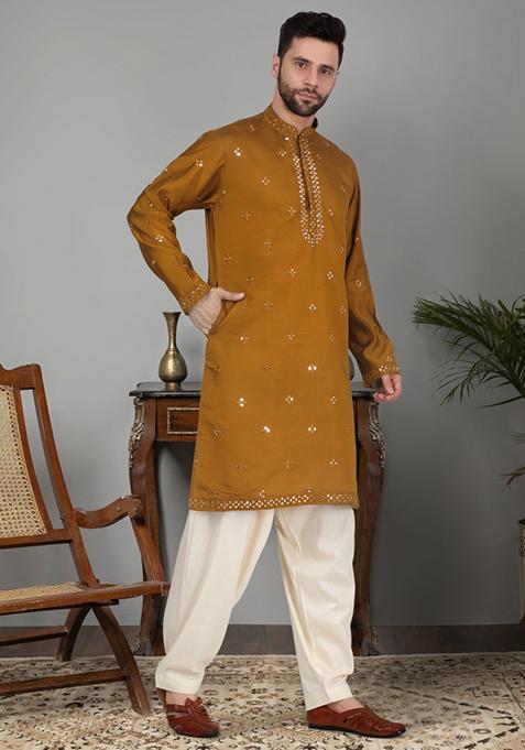 Mustard Yellow Yoke Design Cotton Silk Kurta Set For Men