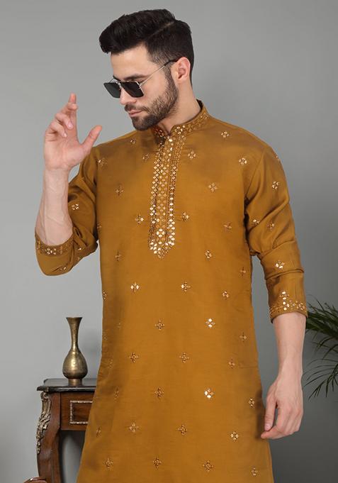 Mustard Yellow Yoke Design Cotton Silk Kurta Set For Men