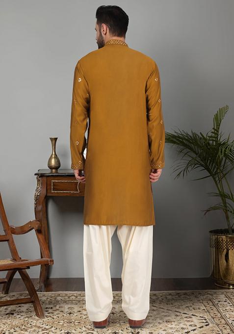 Mustard Yellow Yoke Design Cotton Silk Kurta Set For Men