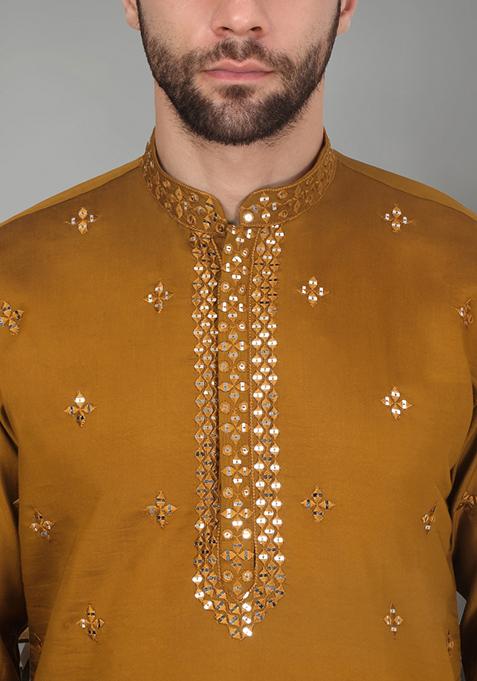 Mustard Yellow Yoke Design Cotton Silk Kurta Set For Men