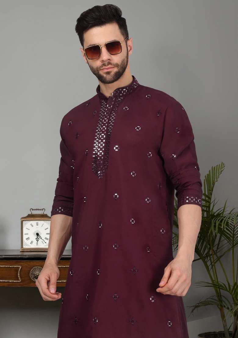 Purple Yoke Design Cotton Silk Blend Kurta Set For Men - Indya