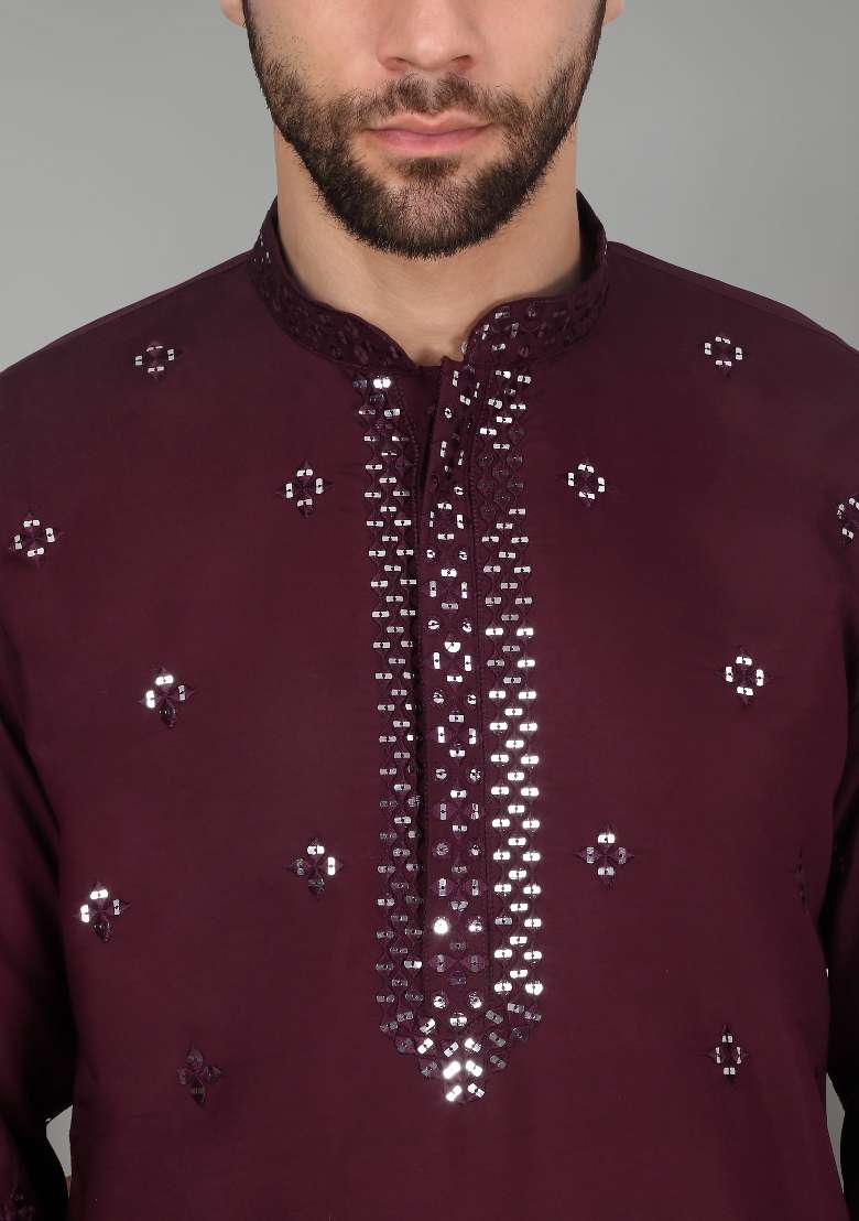 Purple Yoke Design Cotton Silk Blend Kurta Set For Men - Indya
