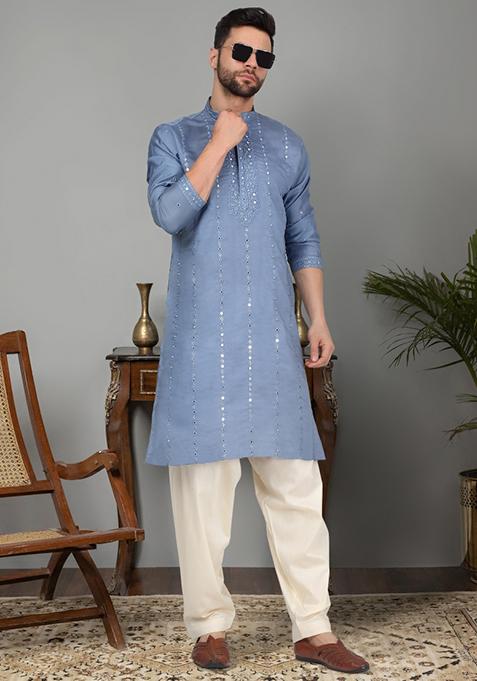 Blue Yoke Design Cotton Silk Kurta Set For Men