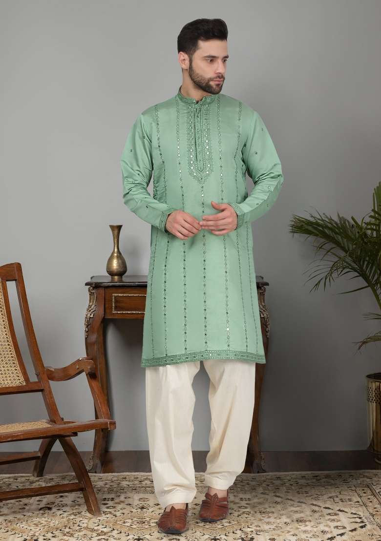 Green Yoke Design Cotton Silk Blend Kurta Set For Men - Indya