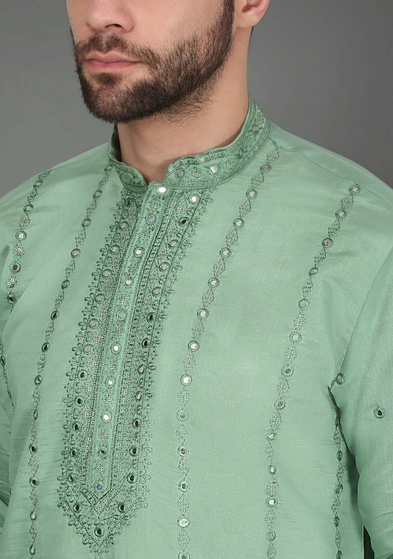 Green Yoke Design Cotton Silk Blend Kurta Set For Men - Indya