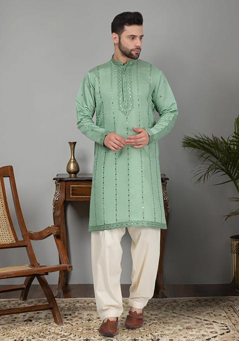 Green Yoke Design Cotton Silk Kurta Set For Men