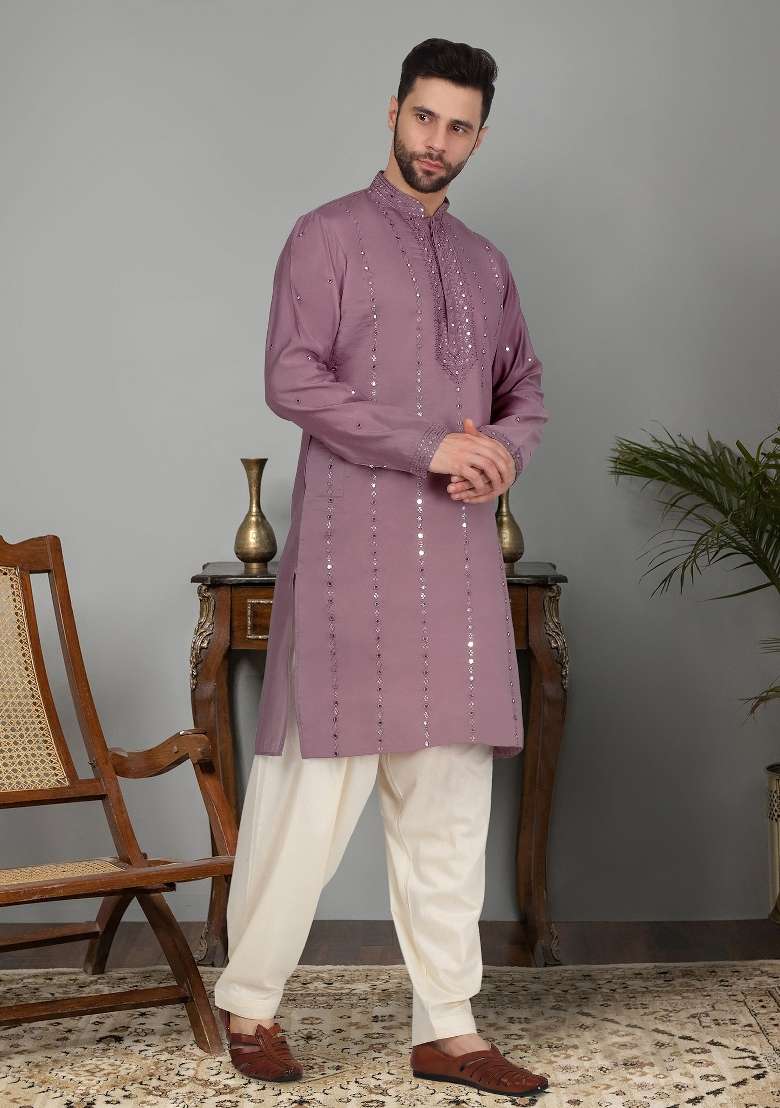 Mauve Yoke Design Cotton Silk Blend Kurta Set For Men - Indya