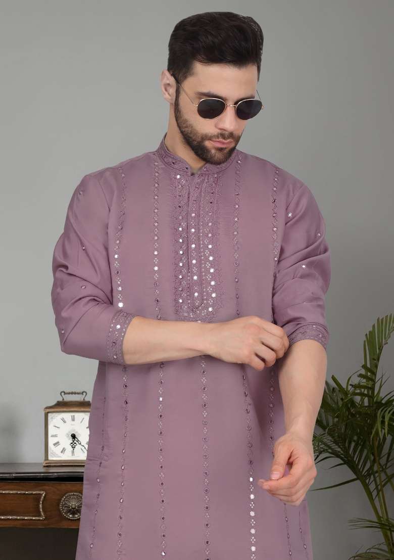 Mauve Yoke Design Cotton Silk Blend Kurta Set For Men - Indya