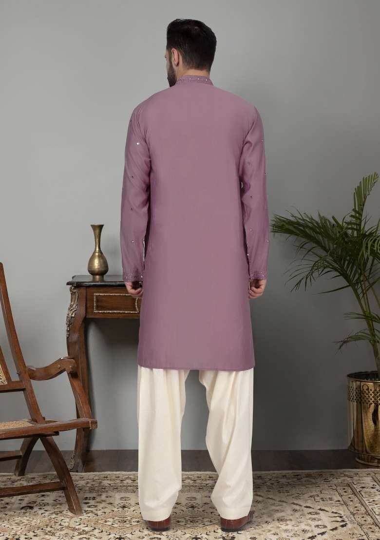 Mauve Yoke Design Cotton Silk Blend Kurta Set For Men - Indya