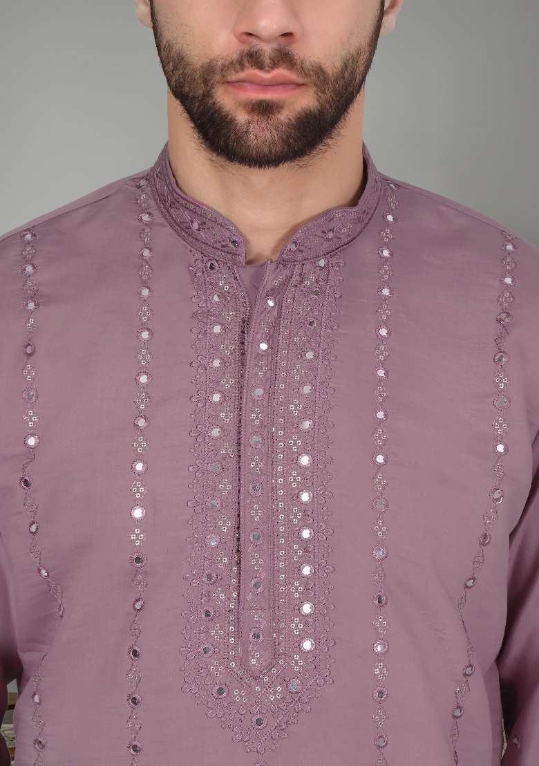 Mauve Yoke Design Cotton Silk Blend Kurta Set For Men - Indya