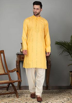 Yellow Yoke Design Cotton Silk Kurta Set For Men