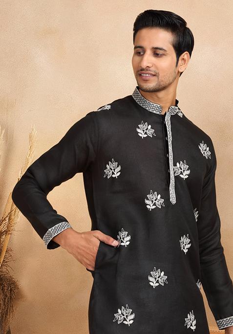 Black Floral Embroided Cotton Kurta Set For Men