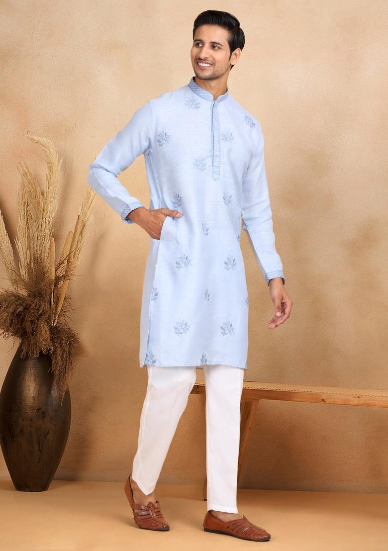 Blue Floral Embroided Cotton Kurta Set For Men - Indya