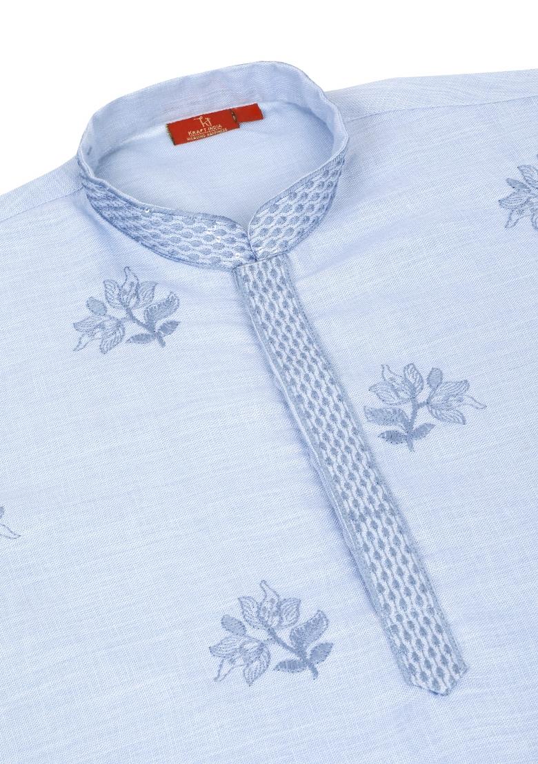 Blue Floral Embroided Cotton Kurta Set For Men - Indya