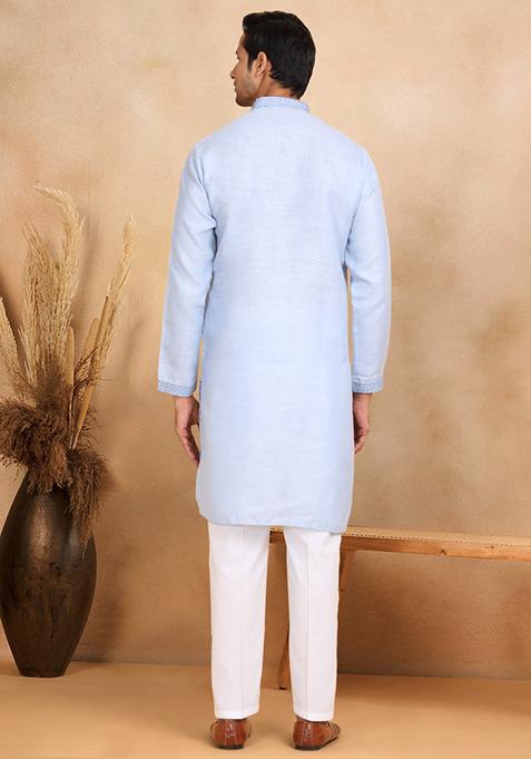 Blue Floral Embroided Cotton Kurta Set For Men