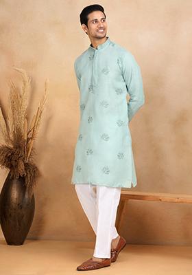 Green Floral Embroided Cotton Kurta Set For Men