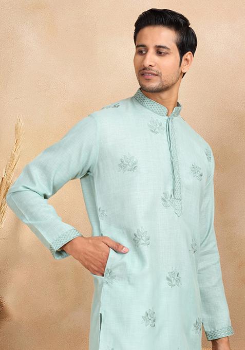 Green Floral Embroided Cotton Kurta Set For Men
