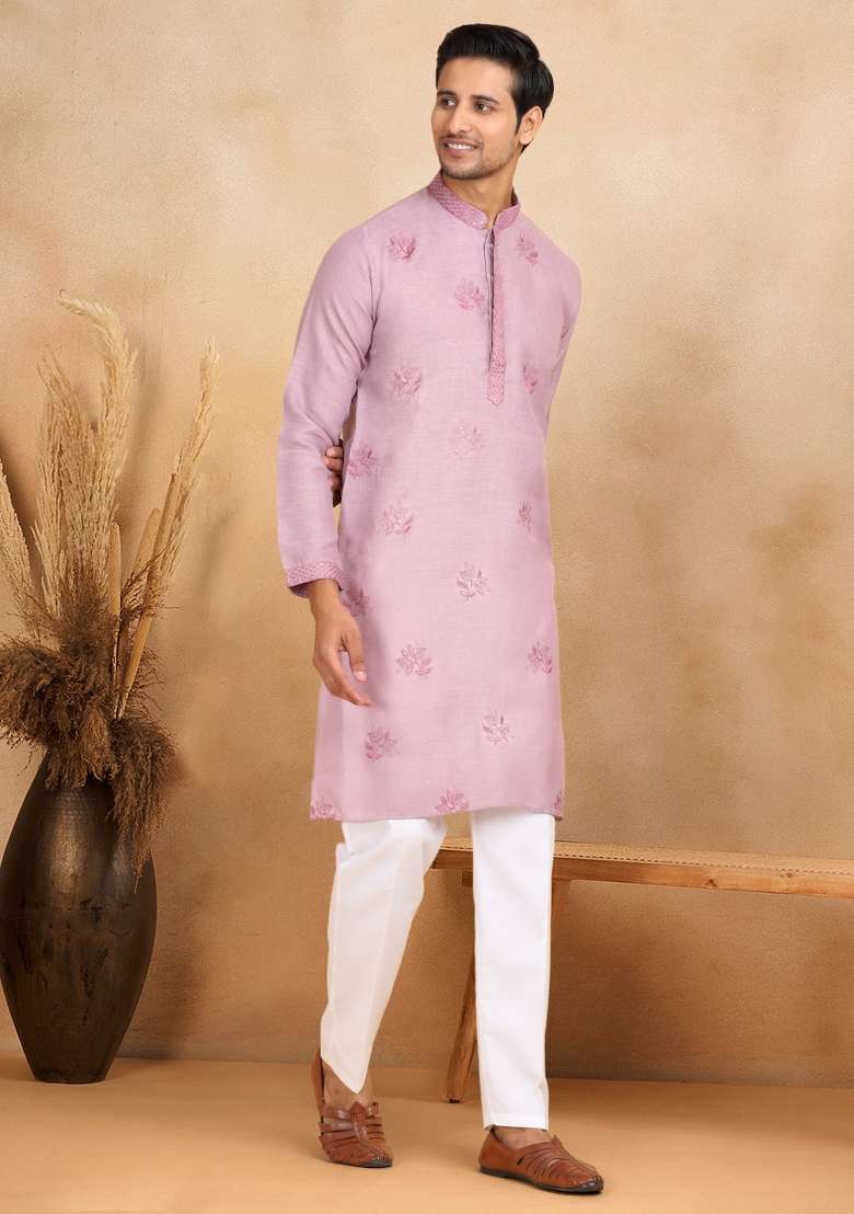 Mauve Floral Embroided Cotton Kurta Set For Men - Indya