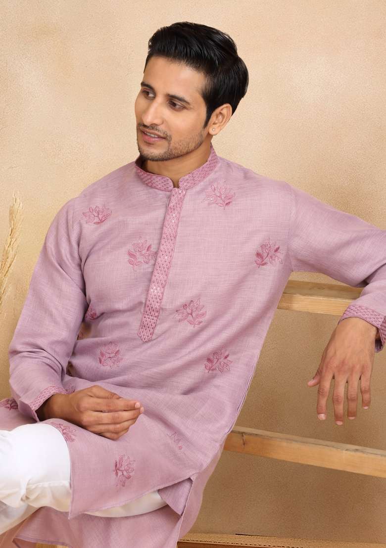 Mauve Floral Embroided Cotton Kurta Set For Men - Indya