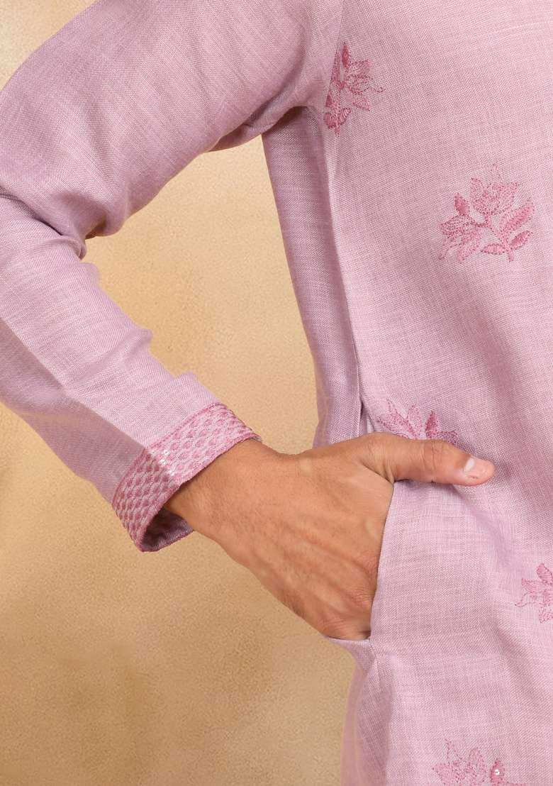 Mauve Floral Embroided Cotton Kurta Set For Men - Indya