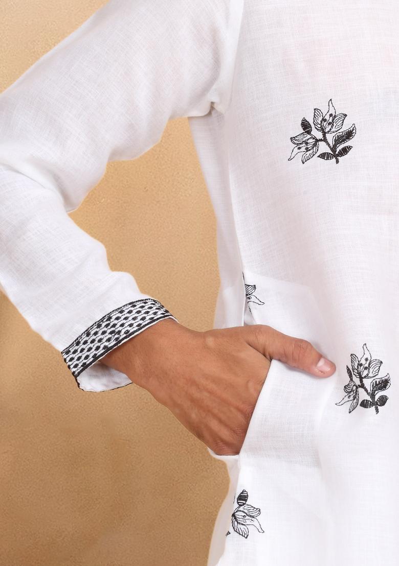 White Floral Embroided Cotton Kurta Set For Men