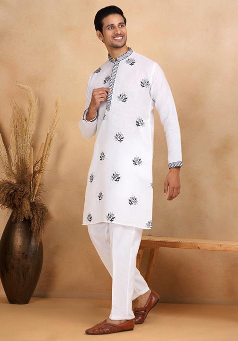 White Floral Embroided Cotton Kurta Set For Men