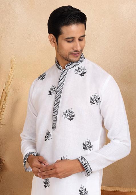 White Floral Embroided Cotton Kurta Set For Men