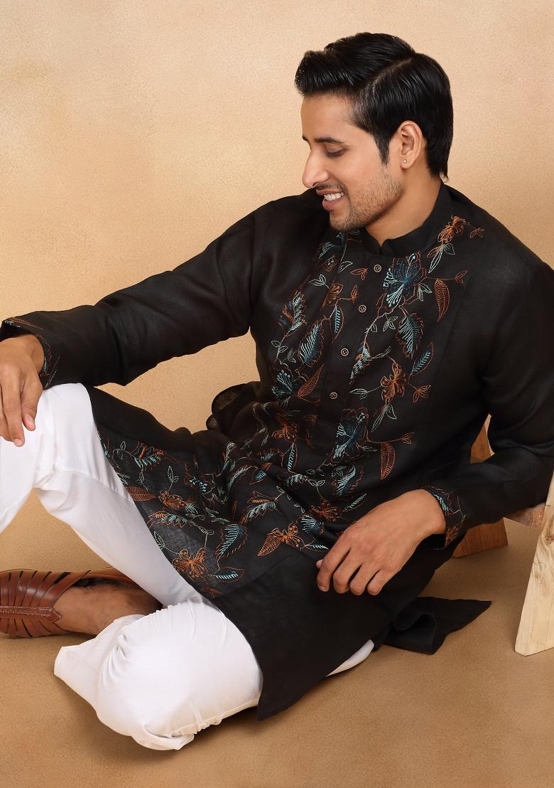Black Floral Embroided Cotton Kurta Set For Men - Indya