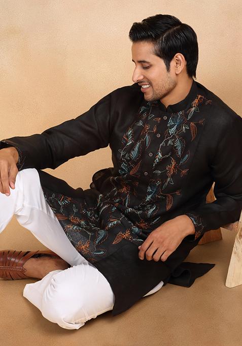 Black Floral Embroided Cotton Kurta Set For Men