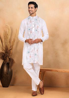 White Floral Embroided Cotton Kurta Set For Men