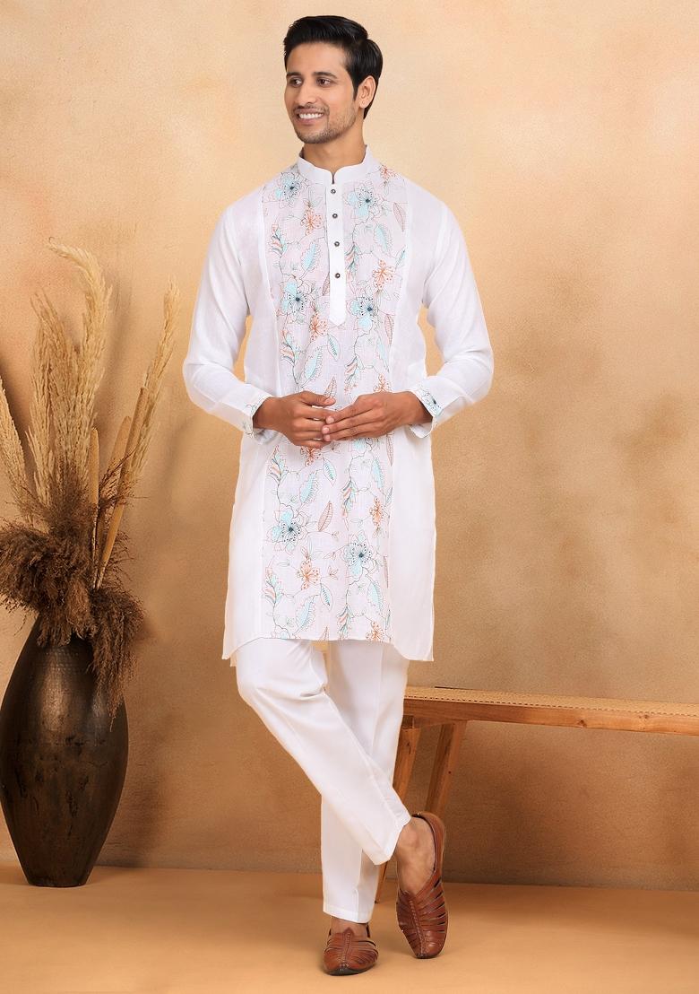 White Floral Embroided Cotton Kurta Set For Men