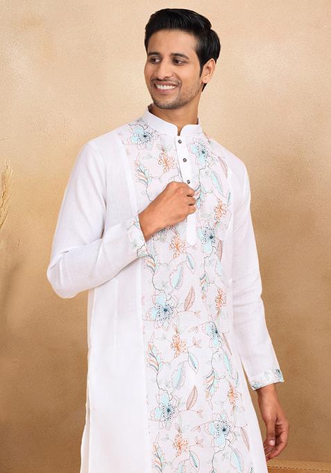 White Floral Embroided Cotton Kurta Set For Men
