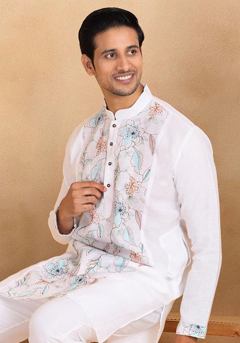 White Floral Embroided Cotton Kurta Set For Men