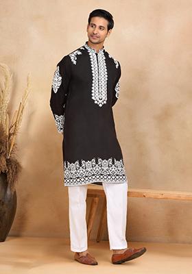 Black Yoke Design Cotton Silk Kurta Set For Men